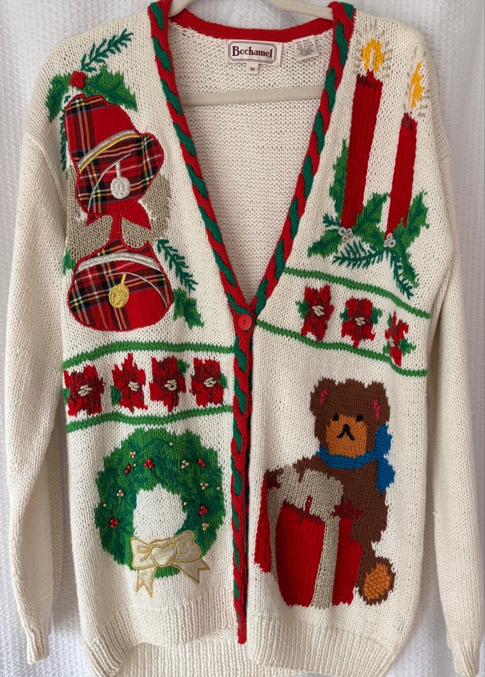 Vintage Bechamel Ugly Christmas Cardigan Sweater M Santa Teddy Bear Hand Knit